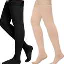 Compression Stockings for Women & Men, 2 Pairs 15-20mmHg Thigh High Compression Socks for Varicose Veins, Swelling, Pregnant (Medium, Closed Toe/Black*Beige/2 Pair)