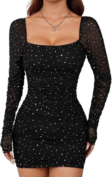 Womens Summer Dresses 2026 Loose Sequin Pleated Square Neck Long Sleeve Mini Dress, Size Small