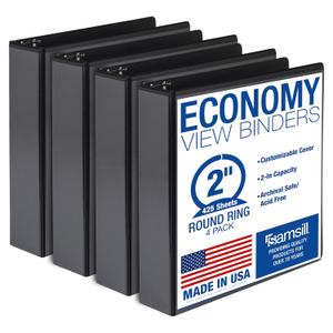 Samsill 2 Inch 3 Ring Binders, Economy Round Ring, Clear View Cover, 425 Sheet Capacity - for School, Home, Office - Black, 4 Pack