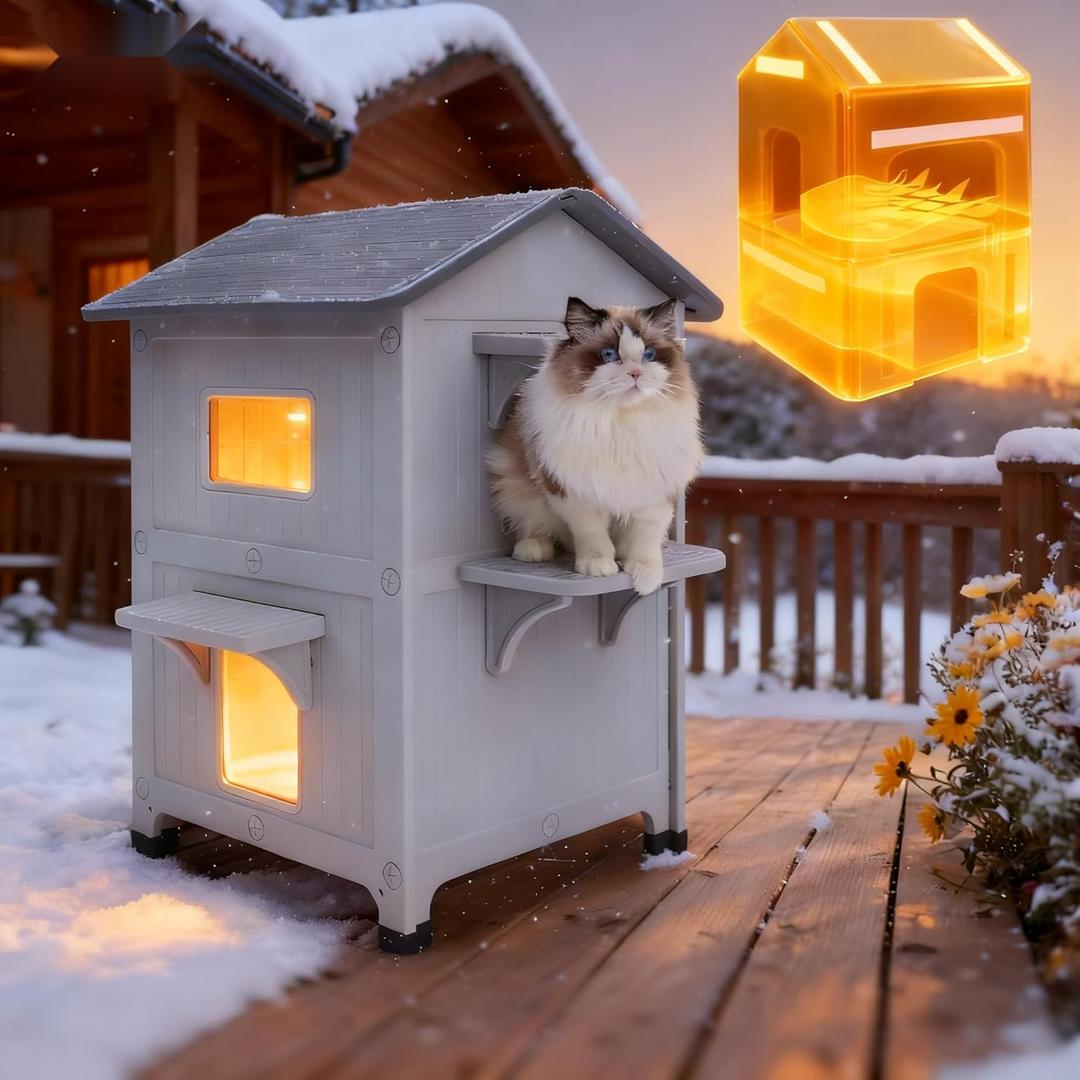 Weatherproof Outdoor Cat House with Insulated Liner for Feral Multi Cats, 2 Storey Insulated Elevated Cat Shelter with Escape Door, Easy Assemble, Expansive Interior, Grey 34" D x 21" W x 21.5" H