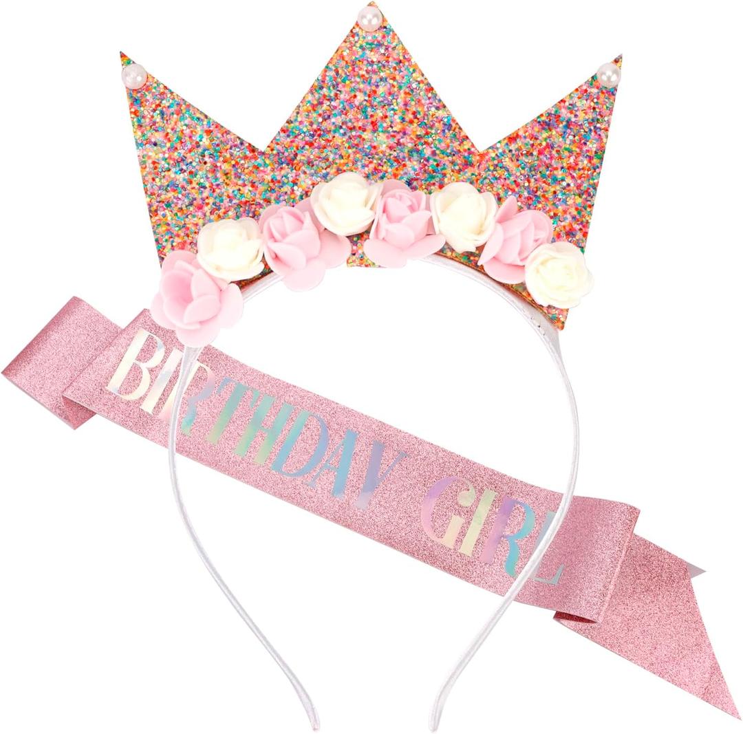 SuPoo Birthday Girl Crown and Sash Flower Birthday Headband Princess Crown Glitter Hair Band Cute Birthday Sash Tiara for Girls Happy Birthday Decorations for Girl Birthday Accessories