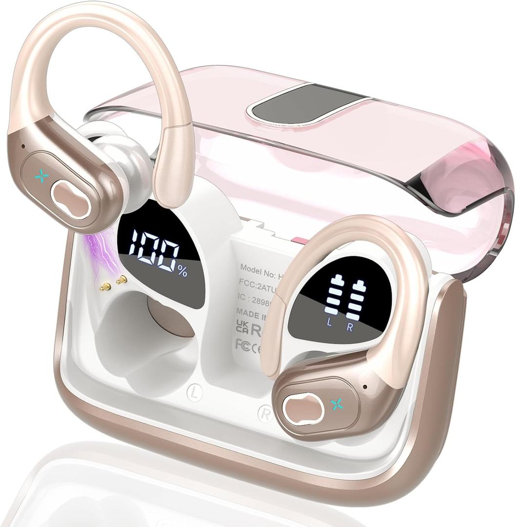 Wireless Earbuds 75hrs Bluetooth 5.4 Headphone Sport, 2026 Bluetooth Earbuds Stereo Deep Bass Over Ear Bud with Earhooks, ENC Noise Cancelling Mic, IPX7 Waterproof Earphone for Gym/Workout, Rose Gold