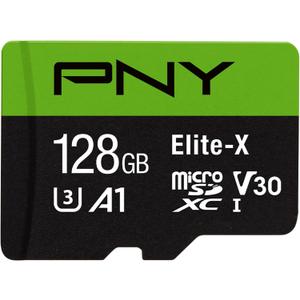 PNY 128GB Elite-X Class 10 U3 V30 microSDXC Flash Memory Card - 100MB/s, Class 10, U3, V30, A1, 4K UHD, Full HD, UHS-I, microSD