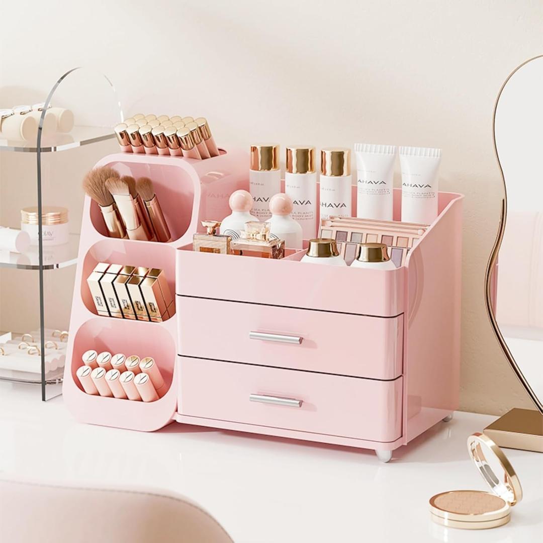 Makeup Organizer with Drawers,Large Capacity Countertop Organizer for Vanity,Bathroom and Bedroom Desk Cosmetics Organizer,Easy To Storage Skincare,Brushes,Lotions,Lipstick (All Pink)