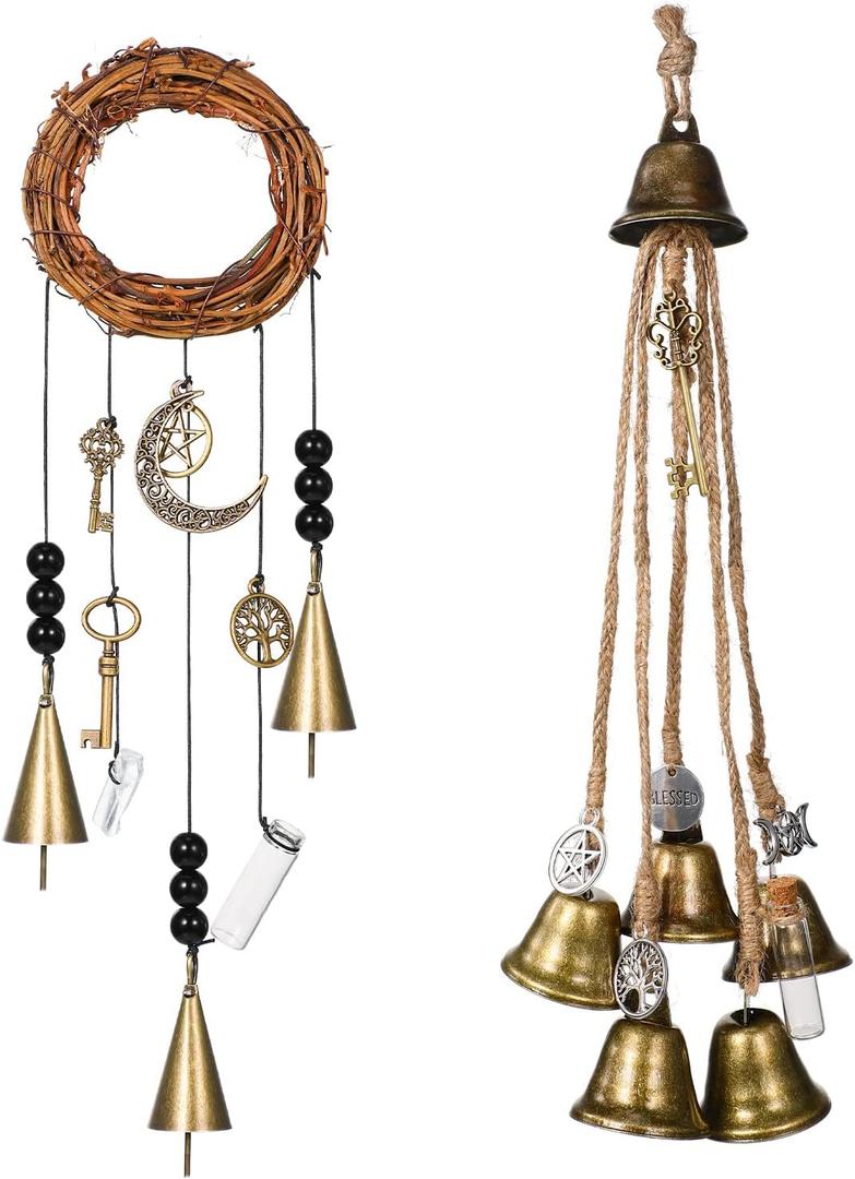 Set of 2 Witch Bells Protection Door Hangers Witch Wind Chimes Wreath Handmade for Home Door Doorknob Witchcraft Decorations (Stylish Style)
