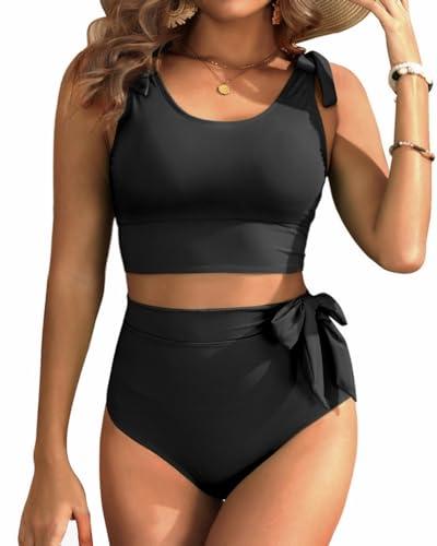 Two Piece High Waisted Swimsuits - Women Tummy Control Bikini Modest Bathing Suit 2PC 2025 Black L