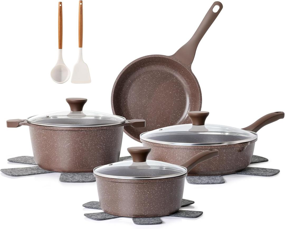 SENSARTE Nonstick Cookware Set 13-Piece, Healthy Pots and Pans Set Kitchen Cooking Set with Stay-Cool Handles, Silicone Utensils and Pot Protectors, PFOA Free (Toffee Brown)