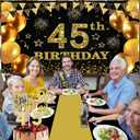 45th Birthday Decorations Men Women with 45th Birthday Banner, Black and Gold Table Cloth, Number Balloons, Large Sash, Cake Topper and Candles