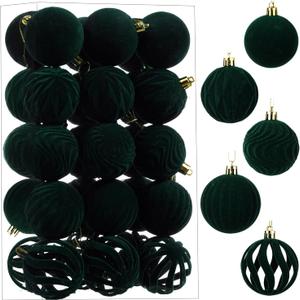 30ct 2.36" Flocked Christmas Ball Ornaments, Velvet Christmas Tree Balls, Flocked Shatterproof Xmas Ornaments, Fits for Party, Holiday and Home Decor, Dark Green