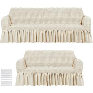 2 Pcs Sofa Slipcover Set for Couch Cushion Couch Cover with Skirt Durable Washable High Elastic Stretchable Furniture Covers for Sofa Loveseat Arm Chair(Beige)