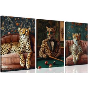 Cheetah Wall Art Set of 3Cool Animal Canvas Poster Prints with Stylish Leopard in Suit and Lounge DcorSafari Animal Artwork Painting for Living Room,Office,Game Room,Bar, Bachelor Pad,Framed16x24in