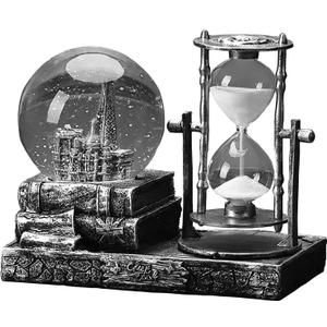 LED Music Snow Globe with Hourglass Vintage Castle Paris Eiffel Tower Home Decoration for Living Room Bedroom Book Shelf TV Cabinet Desk Table Top Decor Centerpieces Ornaments (A - Silver)