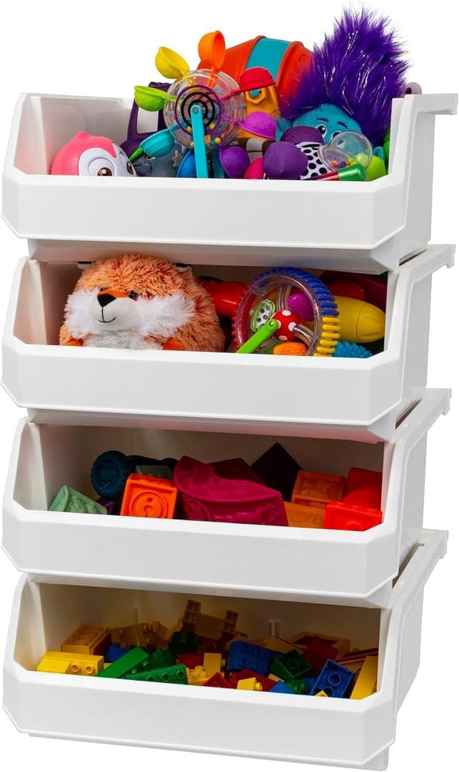 ReadySpace Plastic Containers for Organizing and Storage Bins for Closet, Kitchen, Office, Garage or Pantry Organization, Stackable Bins, Extra Large (14.8" x 16.5" x 7"), 4-Pack, White