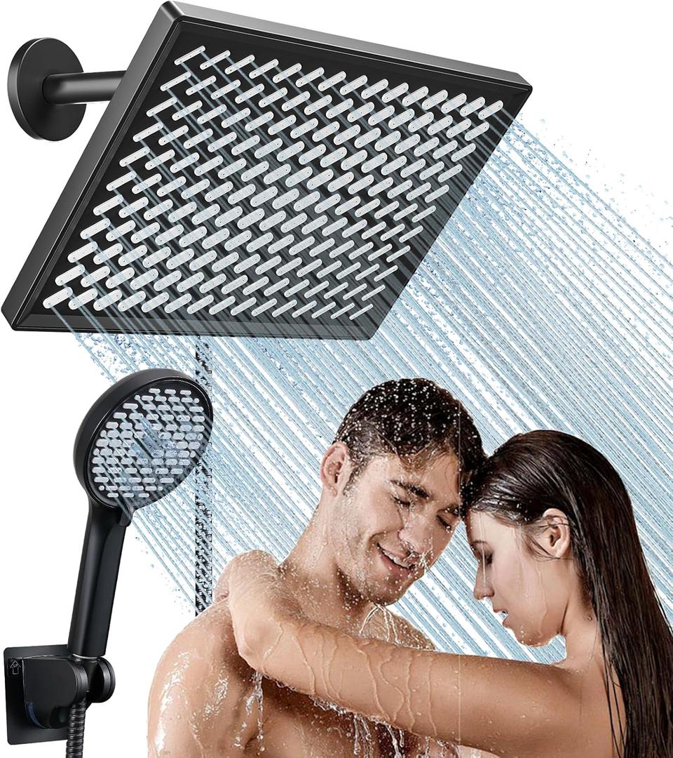 Cobbe 11.8 Inch Rain Shower Head with Handheld - Adjustable Dual Shower Heads with 6 Modes Handheld Spray Combo - Wide Rainfall Showerhead with Hose, Bathroom Accessories - Black