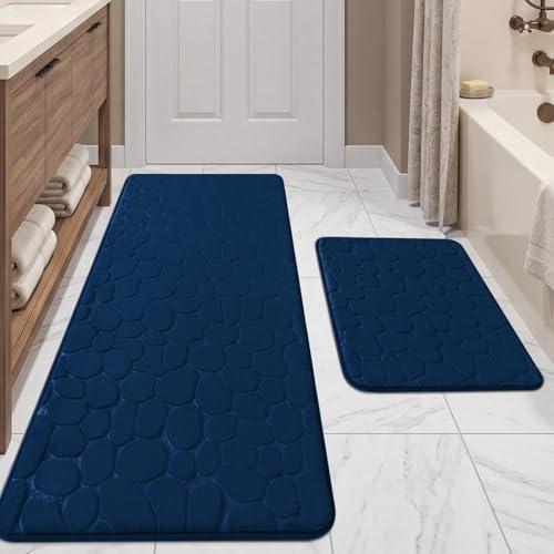 YIHOUSE Bathroom Rugs Mat Set, Memory Foam Bath Mat 2 Piece Navy Blue | 17x24 Non Slip, Water Absorbent, Washable, Bath Mat For Bathroom, Sink and Toilet