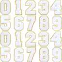 Juinte 20 Pcs 3.15 in Chenille Iron on Numbers Embroidery Patches with Glitter Sequins Sew 0-9 Applique for Team Uniform Sports T-Shirt Football Jeans Bags Decors(White)