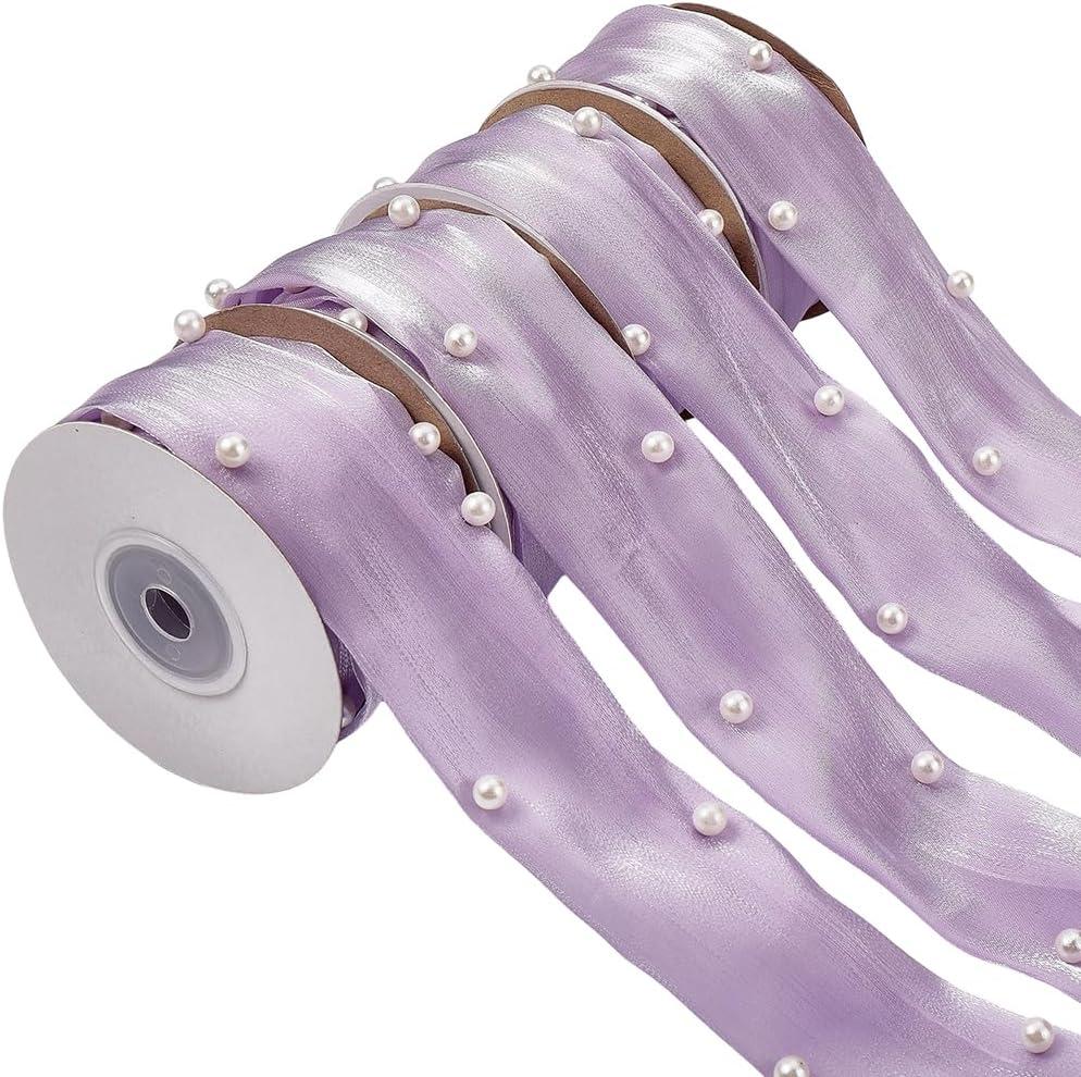 About 20 Yards 1.5 Inch Purple Pearl Ribbon Gift Wrapping Artificial Pearls Bead Ribbon Chiffon Organza Lace Flower Ribbon Trim for Gift Wrapping Floral Bouquet Wedding Party Christmas Decor