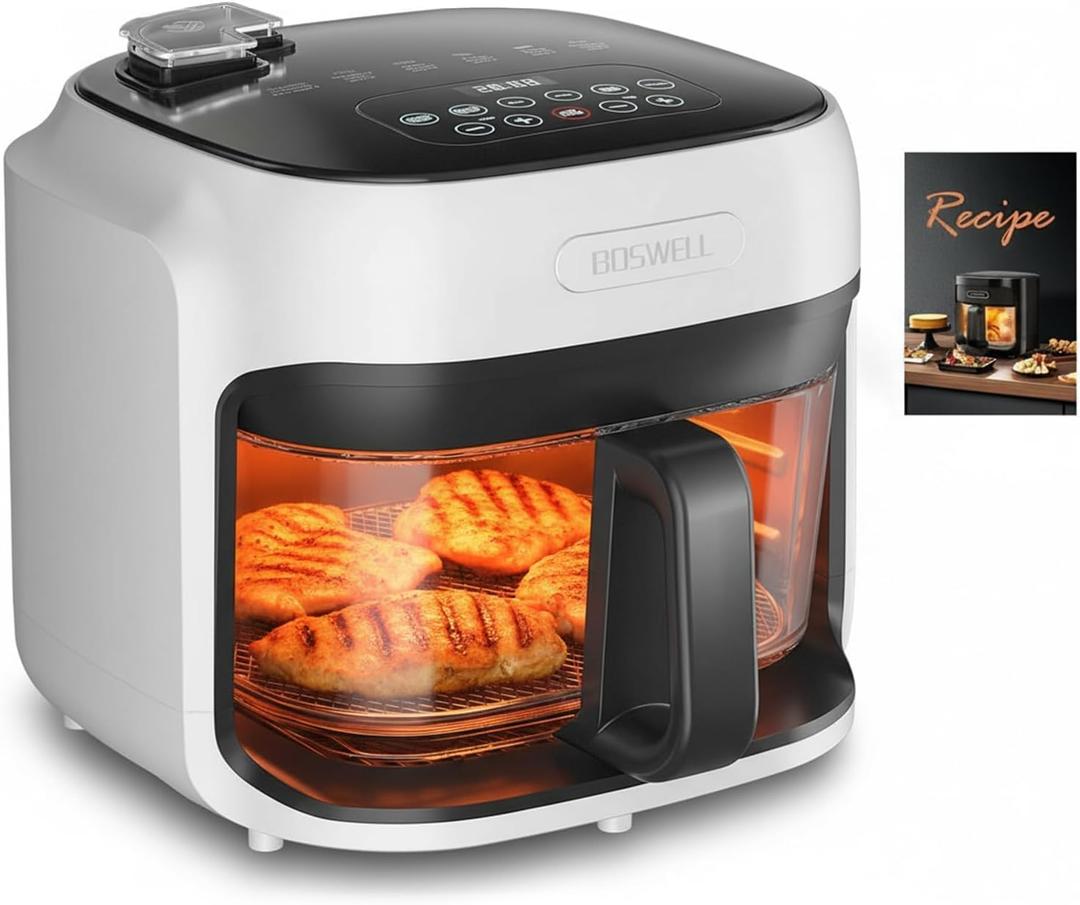 Boswell Glass Air Fryer 7.5QT, Transparent Glass Bowl, White