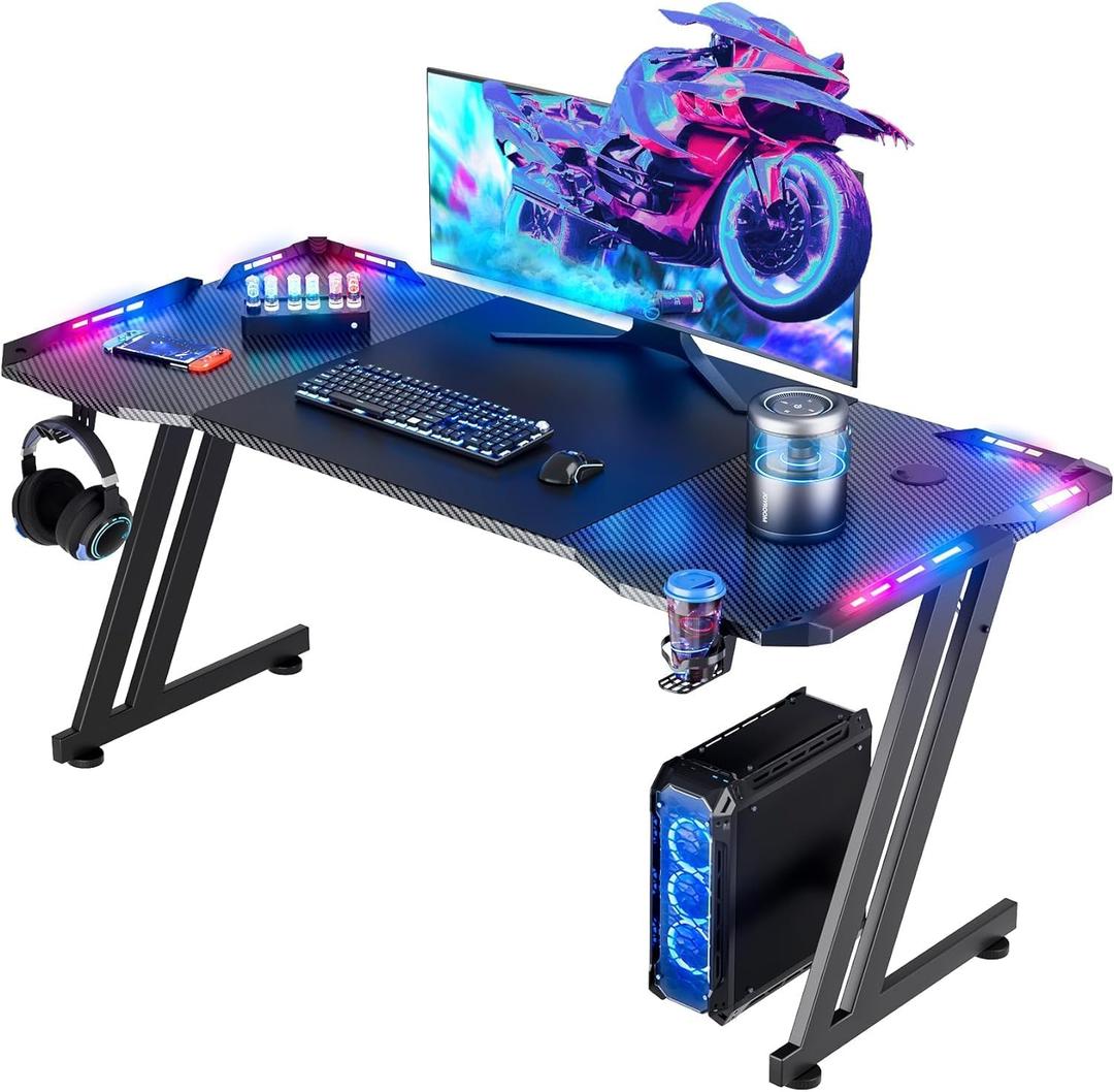 HLDIRECT 55 Inch Gaming Desk Z Shaped Carbon Fiber Computer Desk with LED, 55 INCH BLACK