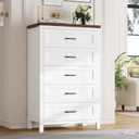 Jocoevol Elegant Farmhouse 5 Drawer Dresser for Bedroom - Tall Chest of Dresser with Spacious Storage, Solid Wood Construction for Living Room, Hallway & Entryway - White & Brown