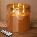 Eywamage 3 Wick Gold Glass Flameless Candle with Remote, Large Flickering LED Battery Pillar Candle  6" H 6"