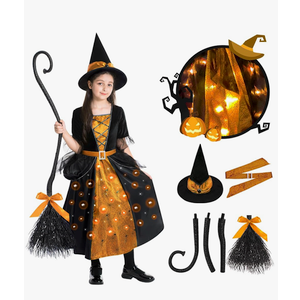 Witch Halloween Costumes for Girls, Light Up Dress with Broom and Hat, Kids Costume Glow in the Dark for Halloween Party, M