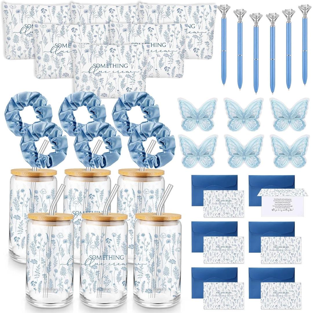 48 Pcs Something Blue Crew Gift Bulk for Bridesmaid Blue Hair Scrunchies Proposal 16 Oz Glass Cup Makeup Bag Butterfly Clips Card Envelope Pen for Bachelorette Bridal Shower Decorations