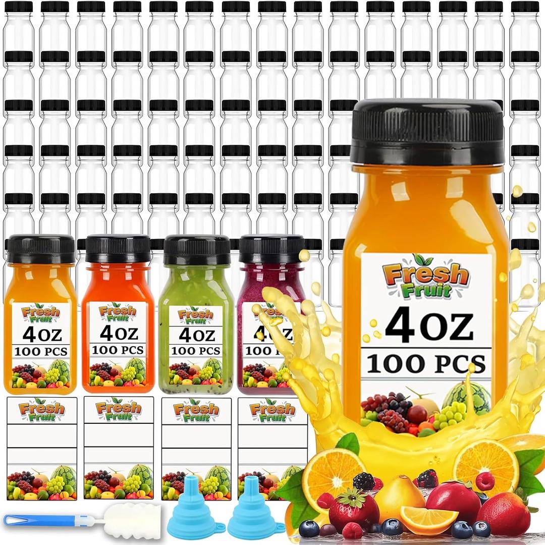 100PCS 4OZ Plastic Juice Bottles with Caps, Clear Shot Bottles Reusable Containers with Labels, Funnel and BrushSuitable for Juice Milk, Tea, Drinking, Smoothie, and Other Beverages (100, 4, ounces)