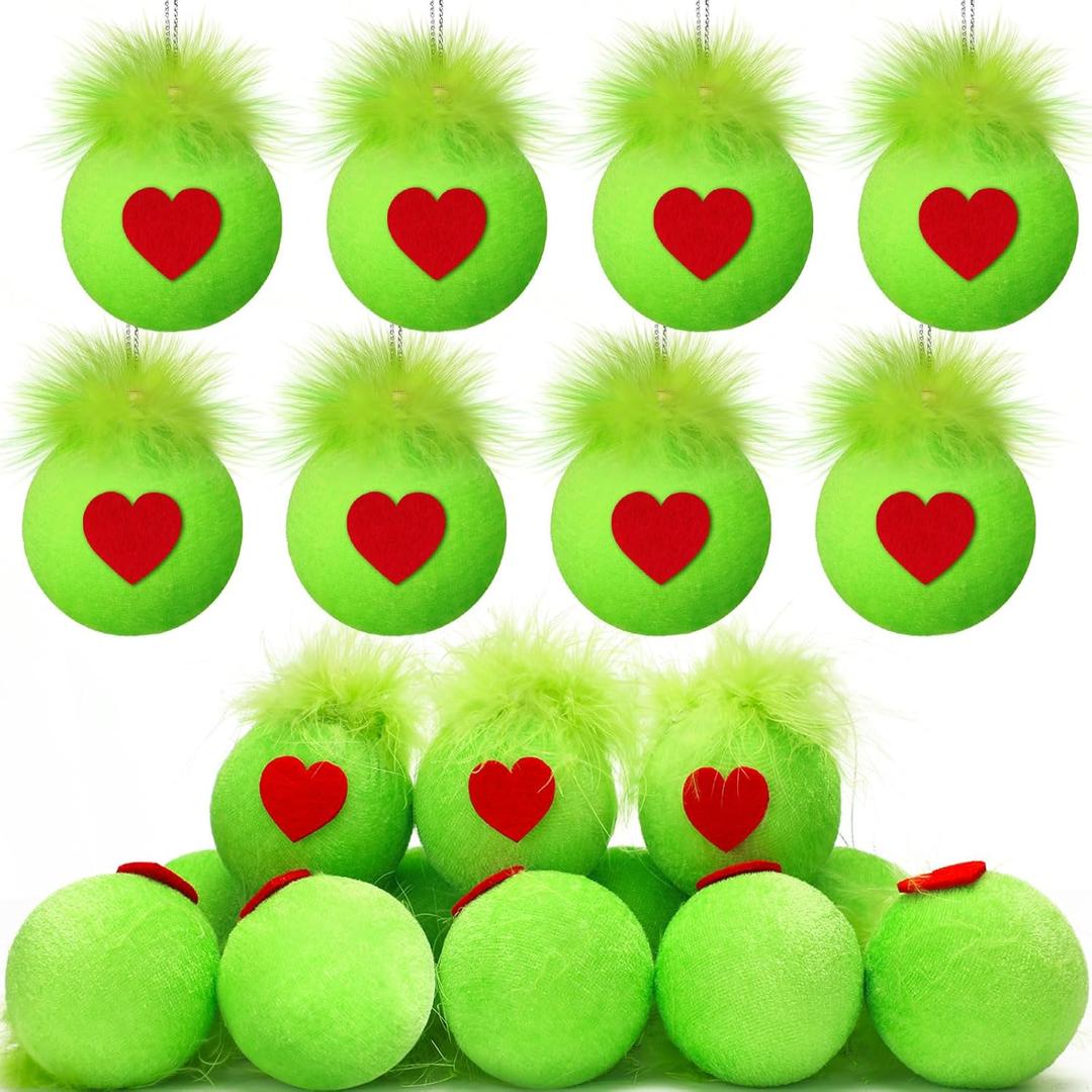 HyDren 16 Pcs Christmas Lime Green Velvet Balls for Tree 2.4 Inch Flocked Green Hanging Ornaments with Red Heart Decorations Xmas Round Pom Pom Balls for Indoor Home Decor Holiday Party Supplies