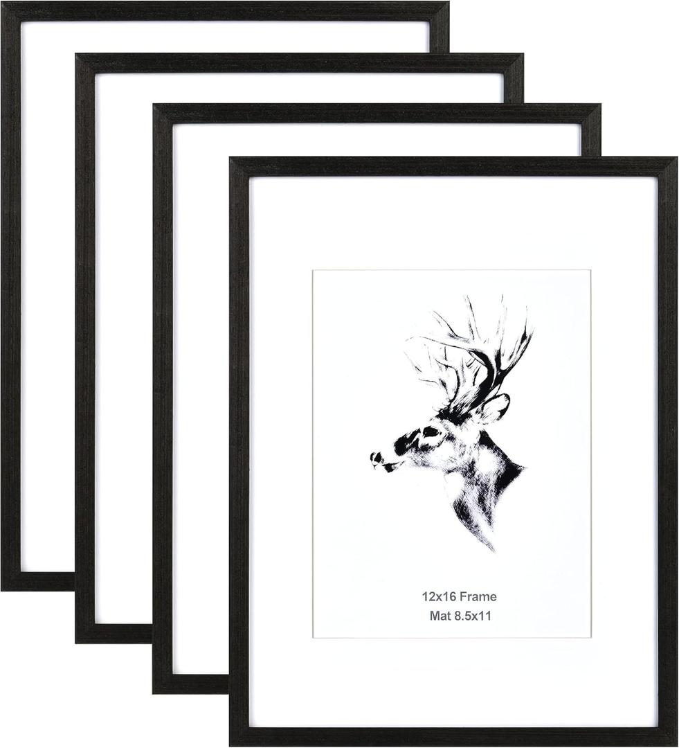 Yaetm 12x16 Black Picture Frame with Mat for 8.5x11 Set of 4, Solid Wood Frame 12 x 16 for Photos, Posters & Art Prints, Horizontal and Vertical Wall Mount (4 pack, Anthracite Black)