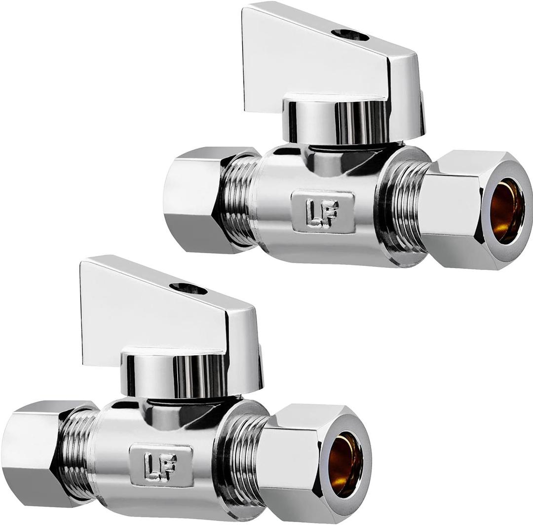 2 Pack Premium Brass 3/8" Compression x 3/8" Compression Quarter Turn Water Straight Angle Valve