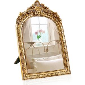 YUSONG Vintage Makeup Desk Mirror - 7" Gold Antique Mirror for Tabletop Resin Frame Decorative Wall Art for Living Room, Bedroom Decor, Vanity Table