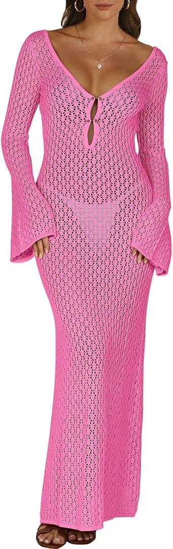 ANRABESS Women Swimsuit Swim Crochet Cover Up Knit Bathing Suit Swimwear 2026 Summer Bodycon Beach Dress Vacation Clothes (Small, Rose)