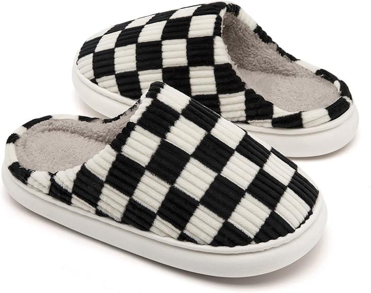 House Slippers for Woman Men, Fuzzy Checkered Mens Womens Slippers Warm Memory Foam House Shoes Indoor Outdoor with Faux Fur Lining Size 40-41