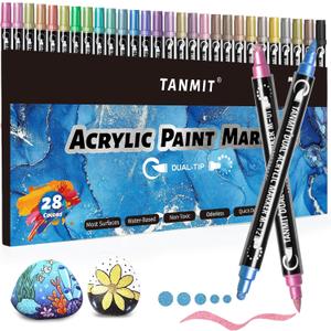 28 Metallic Colors Acrylic Paint Markers, Dual Tip Acrylic Paint Pens for Rock Painting, Black Paper, Wood, Canvas, Stone, Glass, Ceramic, DIY Crafts Making Art Supplies (Brush Tip and Round Tip)