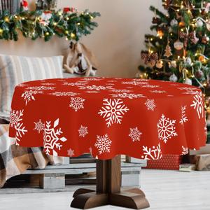 YOSTEV Christmas Tablecloth, 60" Round Red Snowflakes Christmas Theme Table Cloth, Spillproof Washable Fabric Table Cover for Home Kitchen Dinning Room Holiday Party Dcor (Xmas Tc 10)