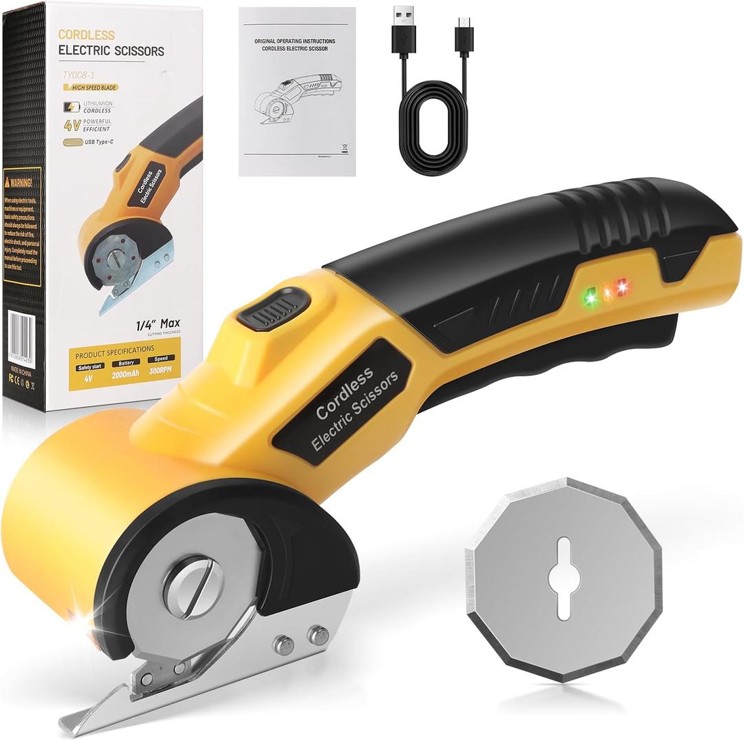 Cordless Electric Scissors, Cardboard Cutter, Electric Box Cutter with Safety Lock & LED Light, 4V Rechargeable Rotary Cutter for Cutting of Fabric, Leather, Carpet, Plastic, 2 Blades