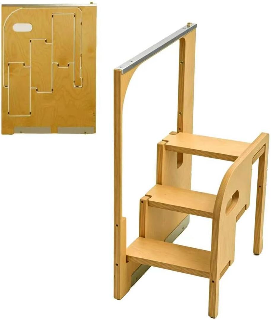 3 Step Foldable Ladder for Home, Hidden Step Ladder Cabinet Wooden Step Stool Build Ultra-Thin Helper Hidden Folding Ladder for Home and Kitchen Use