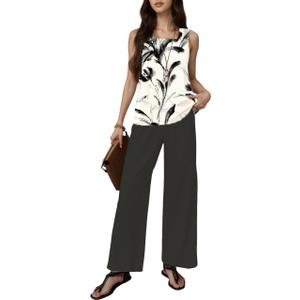 2 Piece Sets for Women Sleeveless Leaf Graphics Vest Top and Solid Color Wide Leg Long Pants Travel Outfits Lounge Set (XXL)