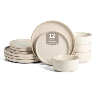 Earth & Clay Amber 12-Piece Dinnerware Set Stoneware, Dishwasher and Microwave Safe Plates and Bowls Set, Dish Set for 4, White Speckled