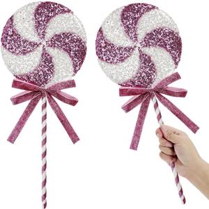 2 PCS Jumbo Sequin Candy Peppermint Christmas Decorations Glitter Candy Cane Lollipop Ornaments Tree Topper Picks Tied Bows Decorative Xmas Sprays Sweets Craft Home Decor (Pink, 7.5"x16.7")