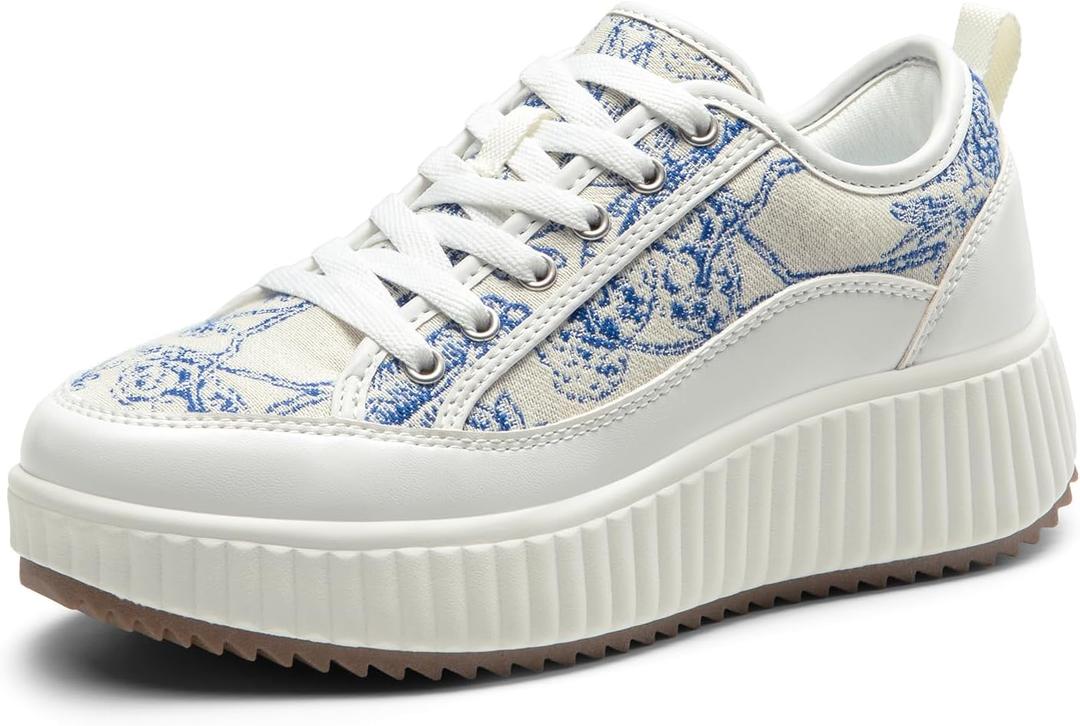 DREAM PAIRS Women Platform Chunky Lightweight Comfortable Casual Lace-Up Sky Walking Fashion Sneakers (7.5, Blue/Beige/White)
