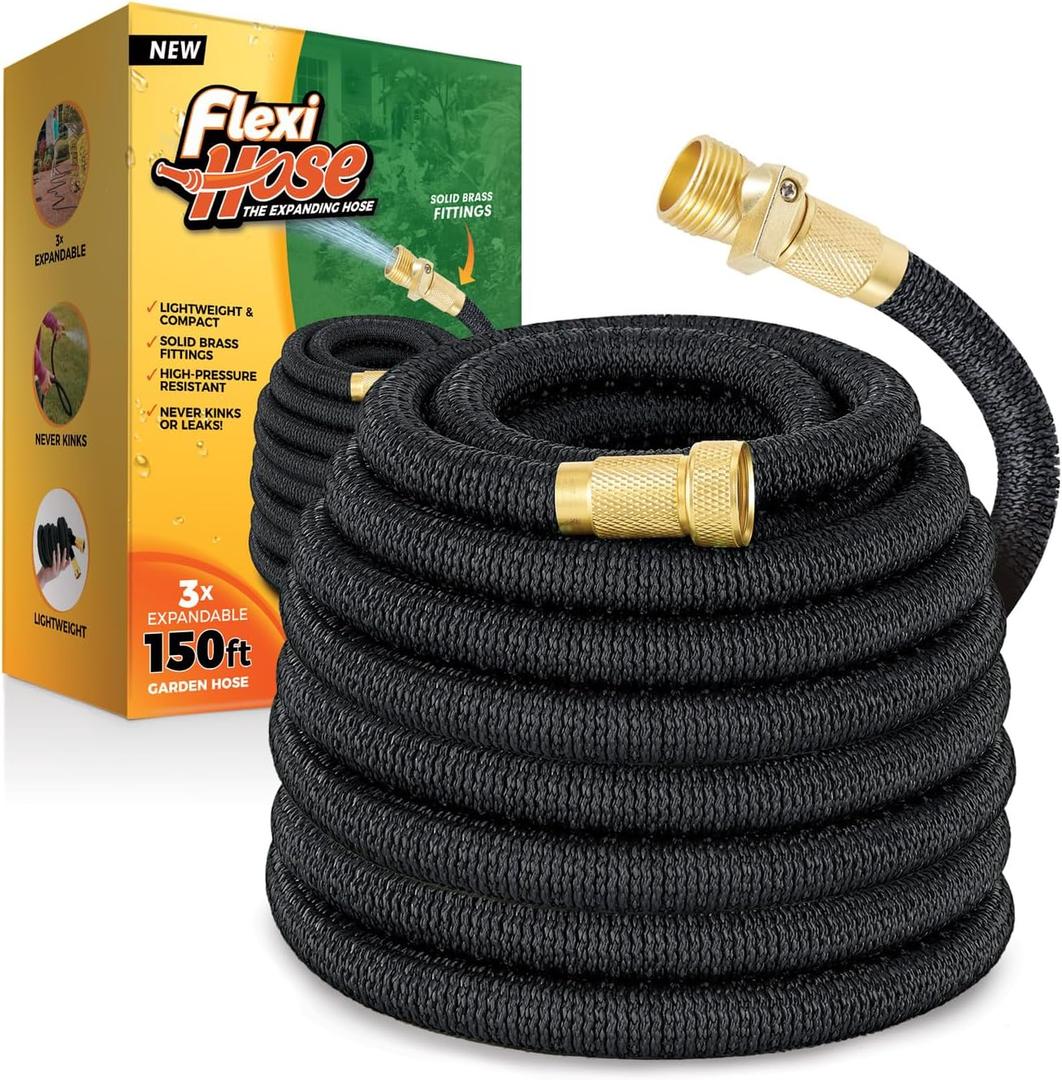 Flexi Hose Lightweight Expandable Garden Hose, 150FT -Retractable Garden Hose, Water Hose - No-Kink Flexibility, 3/4 Inch Solid Brass Fittings and Double Latex Core (Black)