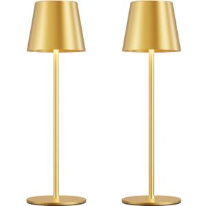 Cordless Table Lamp Rechargeable Gold - KK 2 Pack 5000mAH Battery Operated Lamp for Dining Table, 3 Color Stepless Dimming Waterproof LED Wireless Lamp for Counter, Outdoor Patio, Touch Control (2 Pack 14in - Circle Shade)