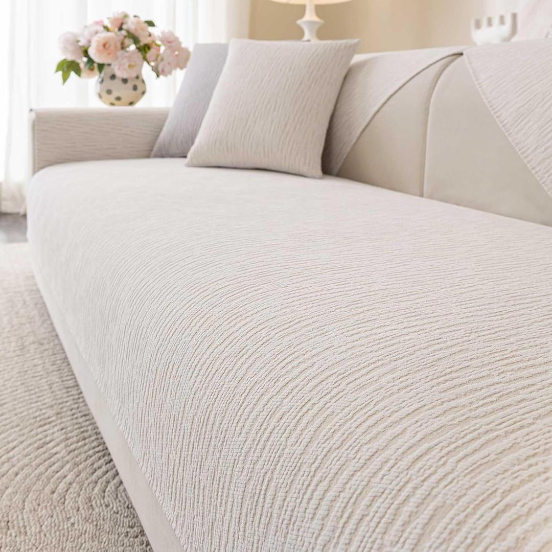 Soft Waterproof Chenille Cover Washable, Non Slip Sectional Sofa Covers for 3 Cushion Couch Sofa L Sharped Sofa Slipcover for Pets, Furniture Protector (1 PCS 36"x70" White)