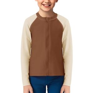 Haloumoning Boys UPF+ 50 Rash Guard Kids Zip Up Long Sleeve Sun Protection Quick Dry Swim Shirt 5-14 Years Brown, 150