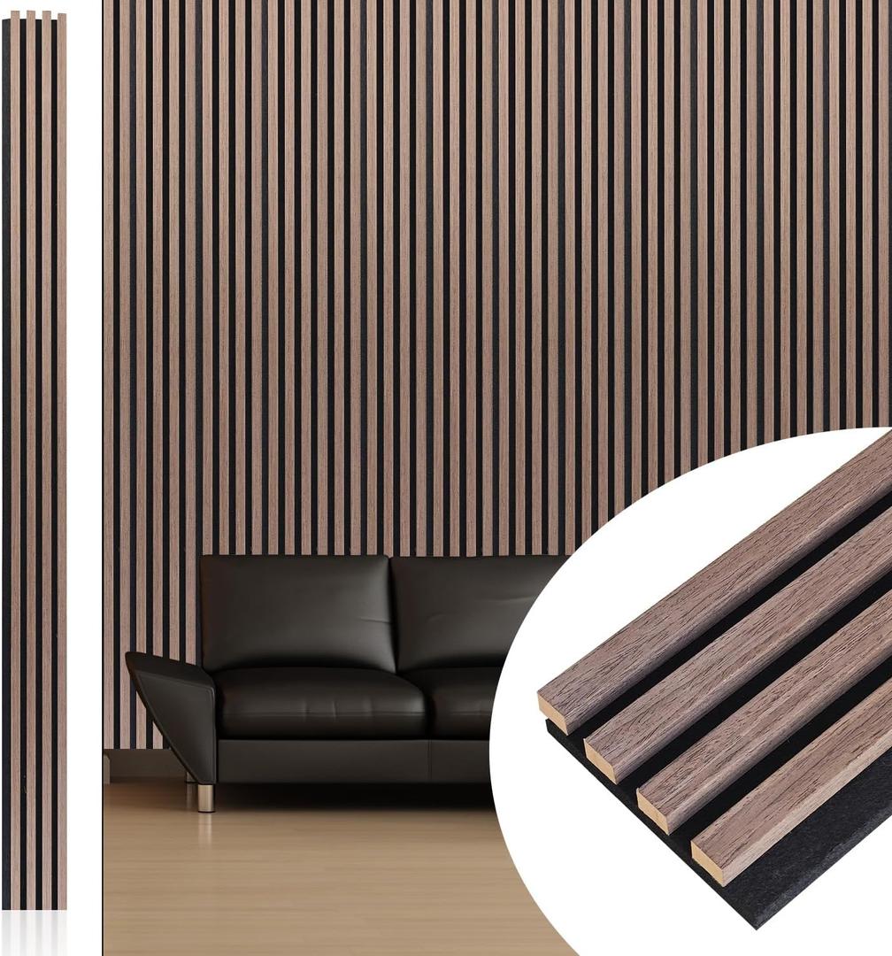 NeatiEase Wood Wall Panels, 9 Feet Acoustic Slat Wall Panels for Interior Wall Decor and Noise Reduction, Decorative Slat Wall Paneling, Smoked Oak, 4-Piece