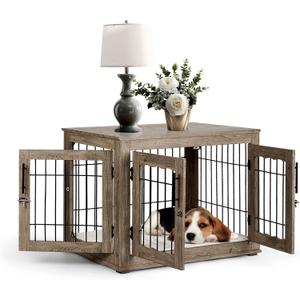 Upolana Dog Crate Furniture, 32 inch Medium Dog Crates with Bed Mat, Wooden Dog Kennel Furniture, End Side Table Dog Cage with 3 Doors, Greige