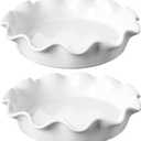 LE TAUCI Ceramic Pie Pans for Baking, 11 Inches Deep Dish Pie Plate for Apple Pie, Pot Pie, 48 Ounce Baking Dish with Ruffled Edge, Set of 2, White