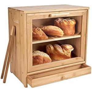 Worthyeah Large Bamboo Bread Box for Kitchen Countertop, Double Layer Bread Boxes for Kitchen Counter with Utensil Tray Drawer Organizer, Large Capacity Bread Storage Container